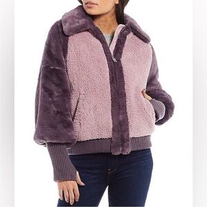 UGG Augusta Purple Color Block Balloon Sleeve Faux Fur Sherpa Baseball Jacket